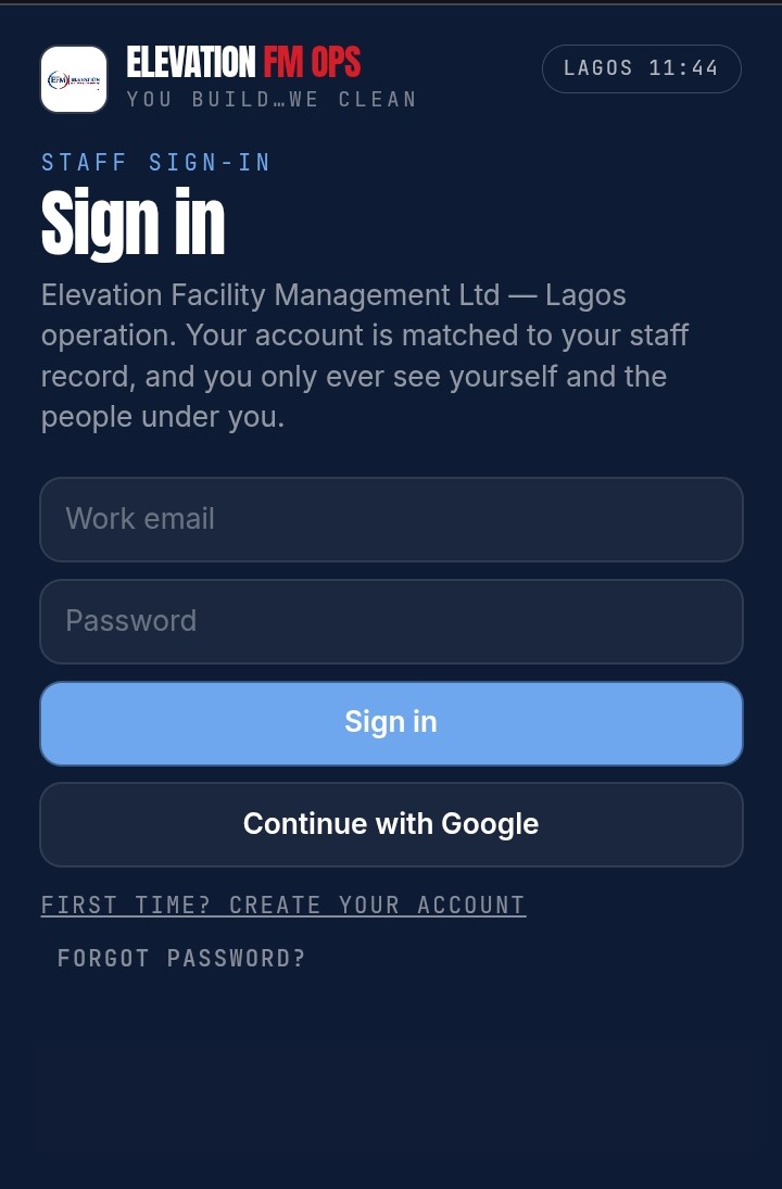 CleanOps staff sign-in screen for Elevation Facility Management Ltd., showing role-scoped access to the operations management system