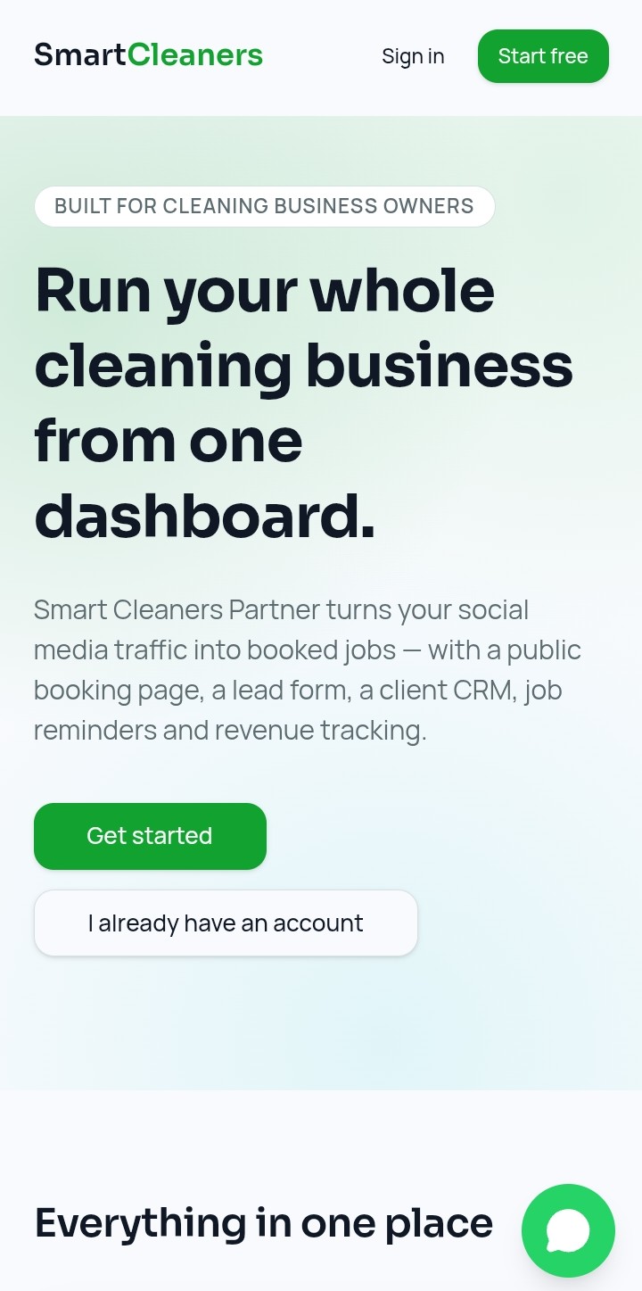 Smart Cleaners Partner landing screen showing a cleaning business management dashboard with booking, CRM and revenue tracking